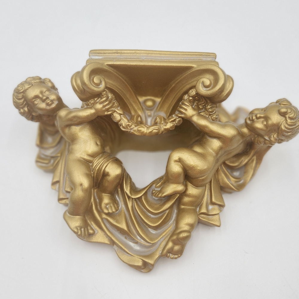 Vintage Made in Taiwan Cherub Angel wall shelf Antique Gold Sculpture distressed